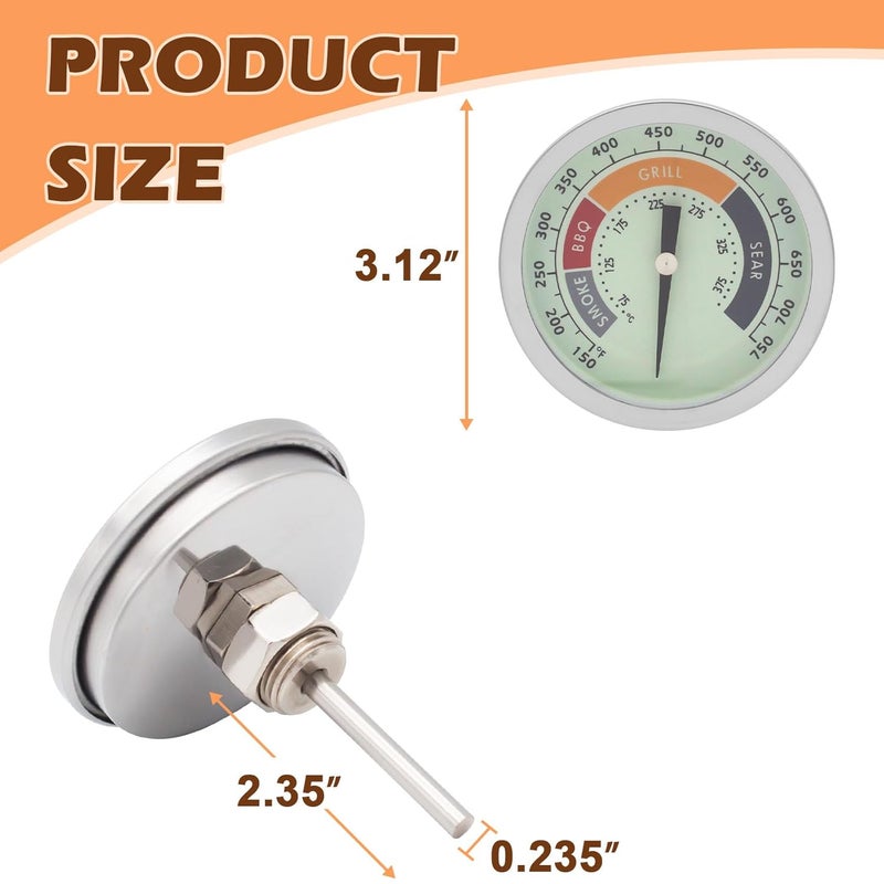 MOASKER Upgraded 3 1/8" BBQ Thermometer Gauge Accessories for Char-Broil Oklahoma Joe’s Smoker, Char-Griller, Pit Boss, Masterbuilt and Most Charcoal Grills, 2 Pieces Luminous Temperature Replacement - Image 2